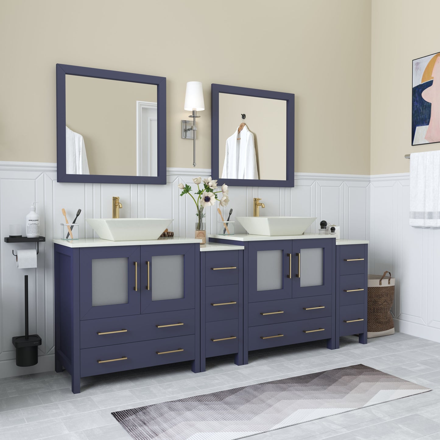 84 Inch Double Sink Bathroom Vanity in Blue with Marble Countertop - Vanity Art VA3130-84B