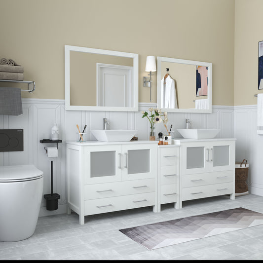 84 Inch Double Sink Bathroom Vanity in White with Marble Countertop - Vanity Art VA3136-84W