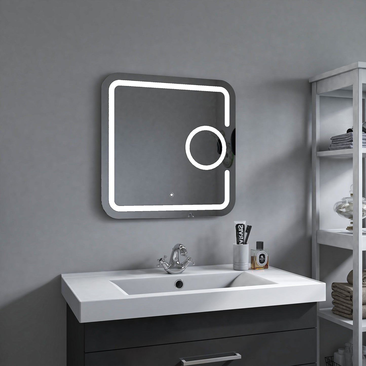 Square 31.5 Inch x 31.5 Inch LED Mirror with Touch Sensor and 3X Magnifier - Vanity Art VA23