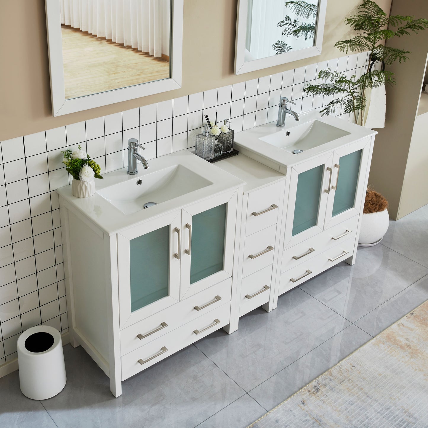 72 Inch Double Sink Bathroom Vanity in White with Ceramic Countertop - Vanity Art VA3030-72W