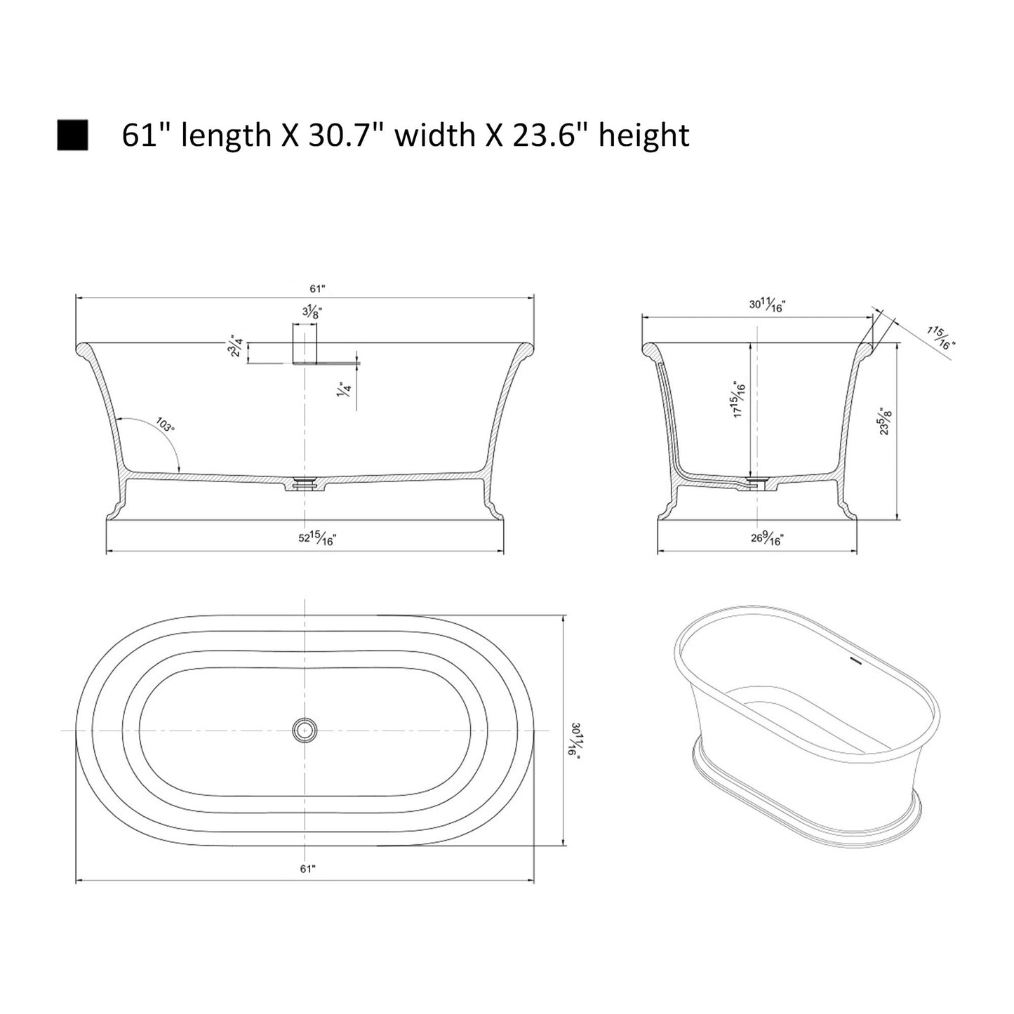 Freestanding Solid Surface Resin Matte Bathtub 61 Inch x 30.5 Inch - Vanity Art VA6916-MS