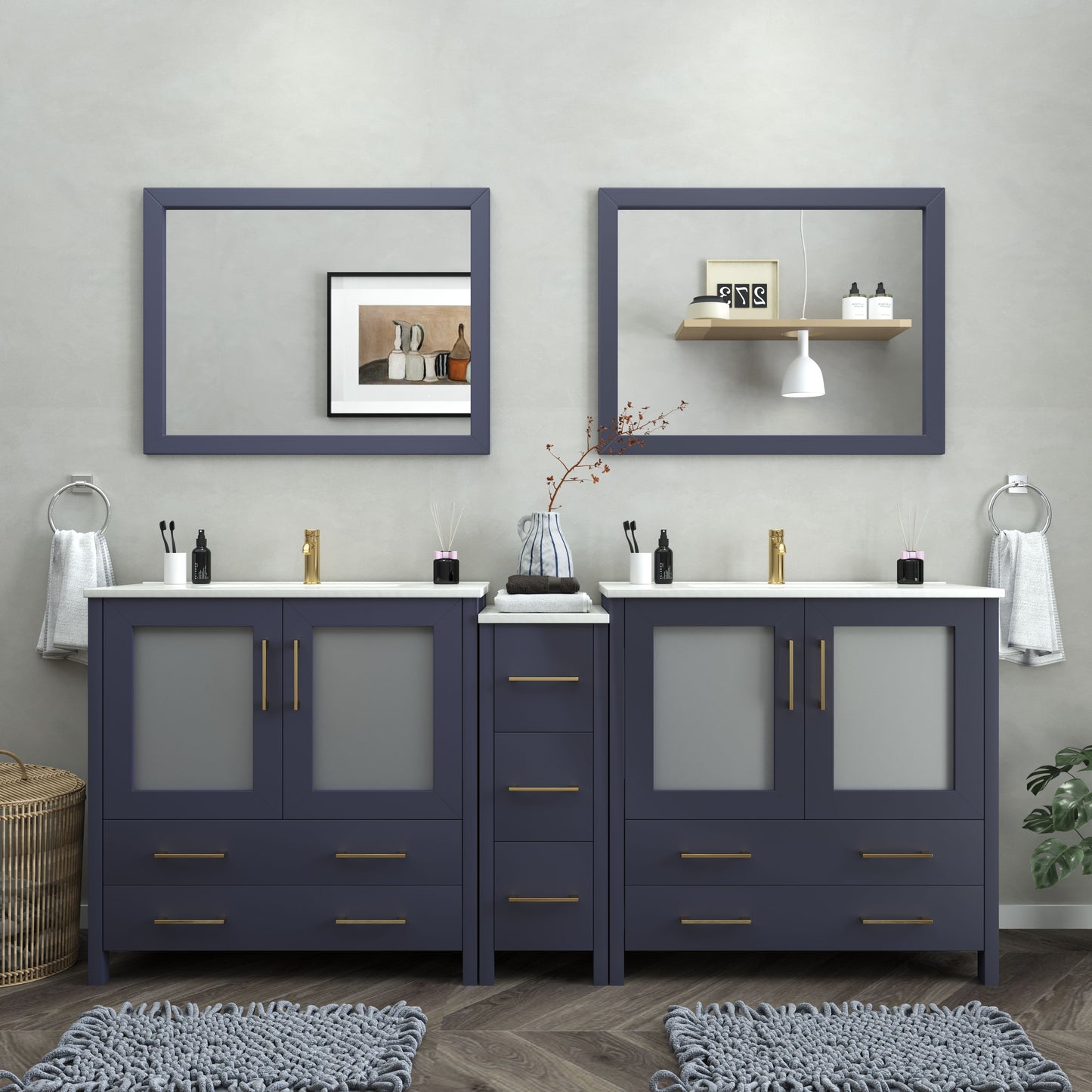 84 Inch Double Sink Bathroom Vanity in Blue with Ceramic Countertop - Vanity Art VA3036-84B