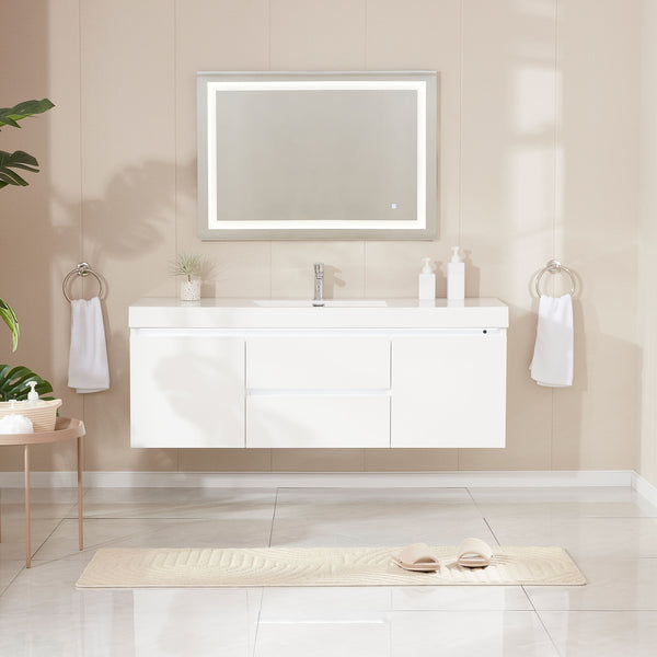 60 Inch LED Lighted Wall Hung Single Sink Bathroom Vanity in White with Resin Top - Vanity Art VA6060WL