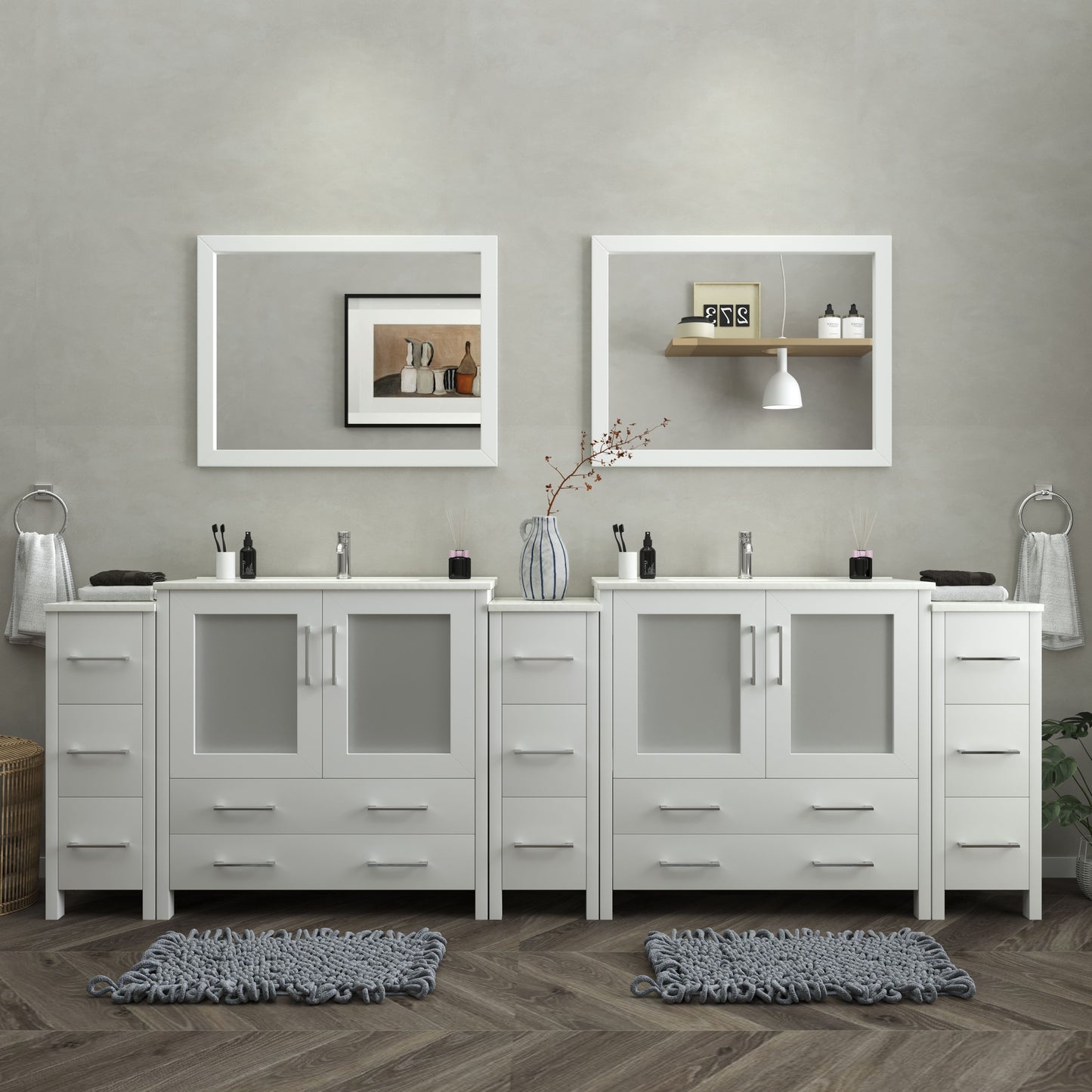 108 Inch Double Sink Bathroom Vanity in White with Ceramic Countertop - Vanity Art VA3036-108W