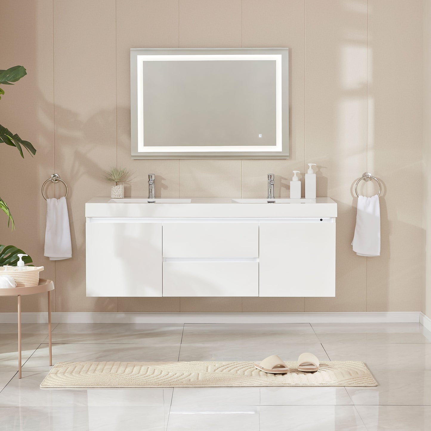 60 Inch LED Lighted Wall Hung Double Sink Bathroom Vanity in White with Resin Top - Vanity Art VA6060DWL