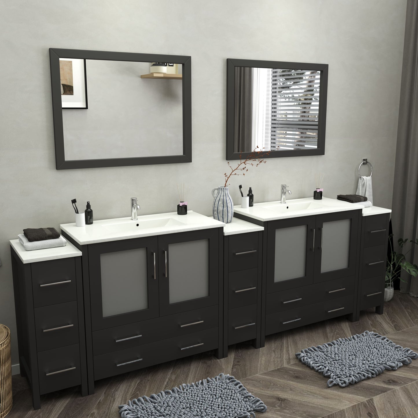 108 Inch Double Sink Bathroom Vanity in Espresso with Ceramic Countertop - Vanity Art VA3036-108E