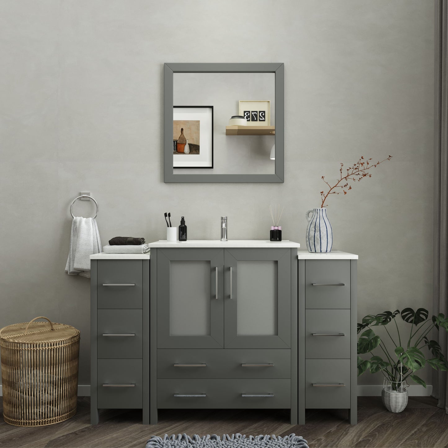 54 Inch Single Sink Bathroom Vanity in Gray with Ceramic Countertop - Vanity Art VA3030-54G