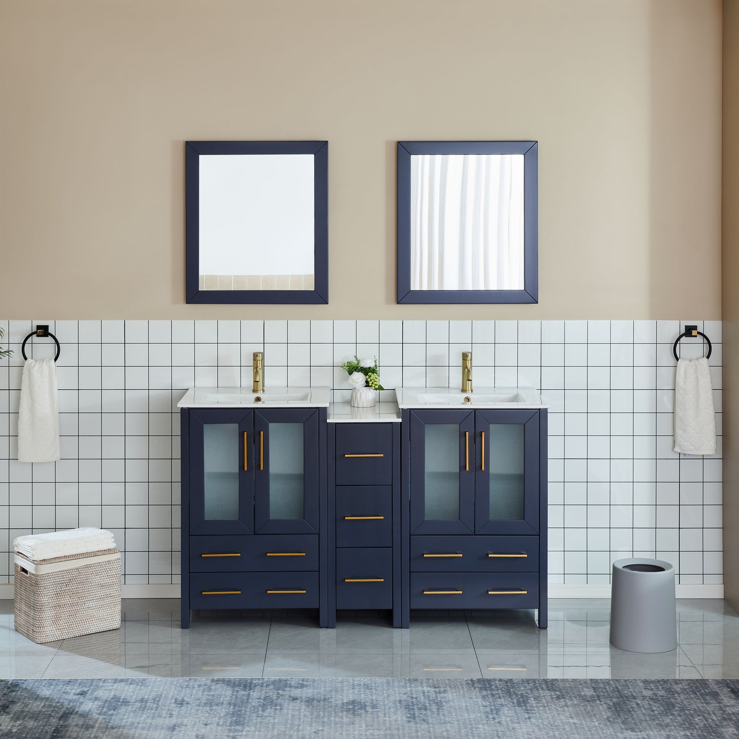 60 Inch Double Sink Bathroom Vanity in Blue with Ceramic Countertop - Vanity Art VA3024-60B