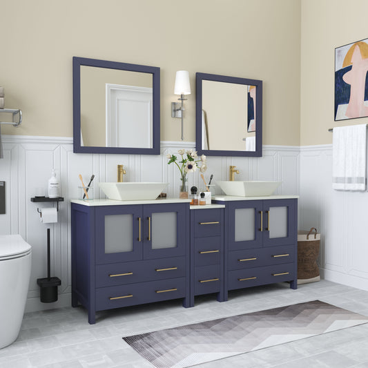 72 Inch Double Sink Bathroom Vanity in Blue with Marble Countertop - Vanity Art VA3130-72B