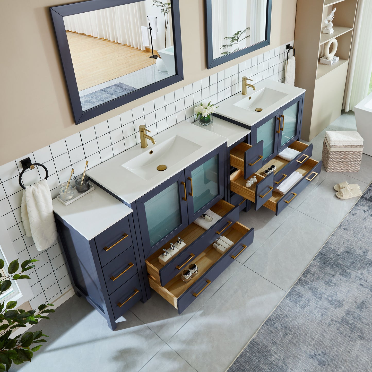 96 Inch Double Sink Bathroom Vanity in Blue with Ceramic Countertop - Vanity Art VA3036-96B