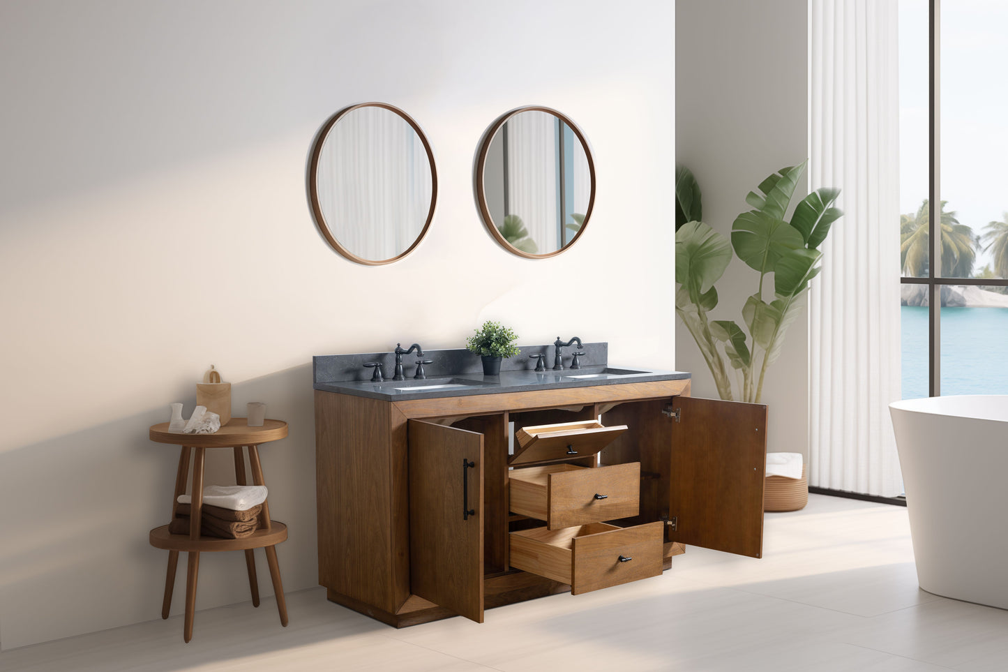 60 Inch Double Sink Bathroom Vanity in Tan with Limestone Top - Vanity Art VA7060-DT-BT