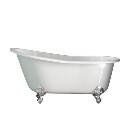 Cast Iron Slipper Clawfoot Tub 61" X 30" with 7" Deck Mount Faucet Drillings and English Telephone Style Faucet Complete Brushed Nickel Plumbing Package - ST61-684D-PKG-BN-7DH