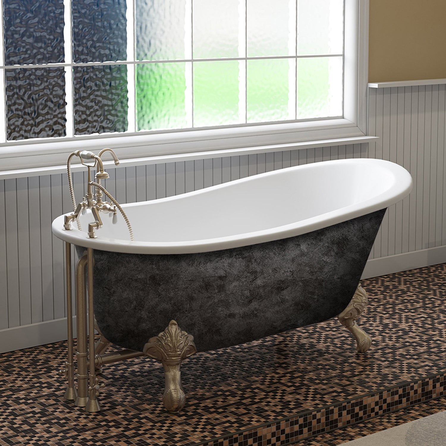 Scorched Platinum 61” x 30” Cast Iron Slipper Bathtub with 7” Deck Mount Faucet Holes and Brushed Nickel Feet - ST61-DH-BN-SP