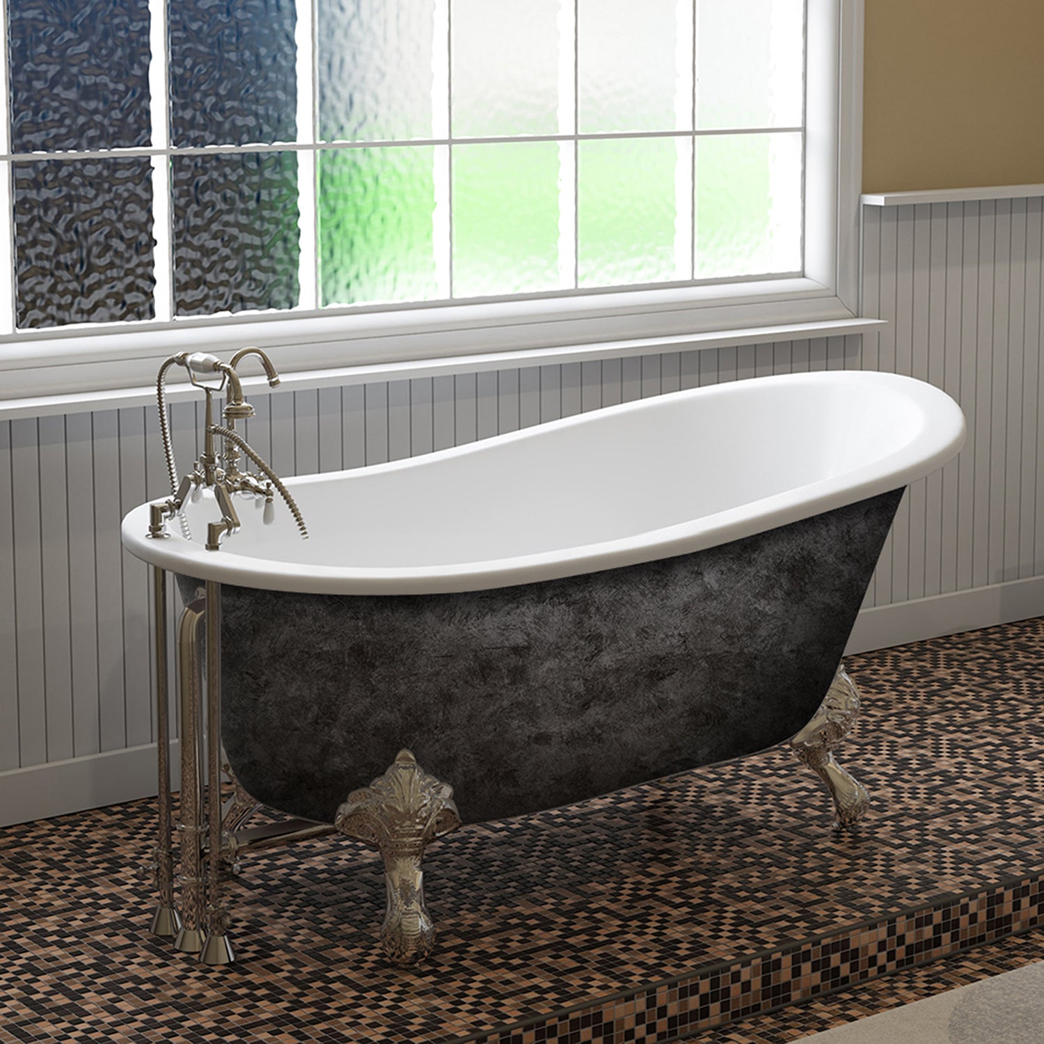 Scorched Platinum 61” x 30” Cast Iron Slipper Bathtub with 7” Deck Mount Faucet Holes and Polished Chrome Feet - ST61-DH-CP-SP