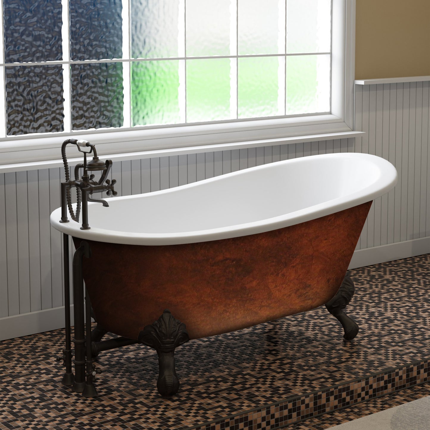 Cast Iron Clawfoot Bathtub 61" X 30" Faux Copper Bronze Finish on Exterior with 7" Deck Mount Faucet Drillings and Oil Rubbed Bronze Feet - ST61-DH-ORB-CB