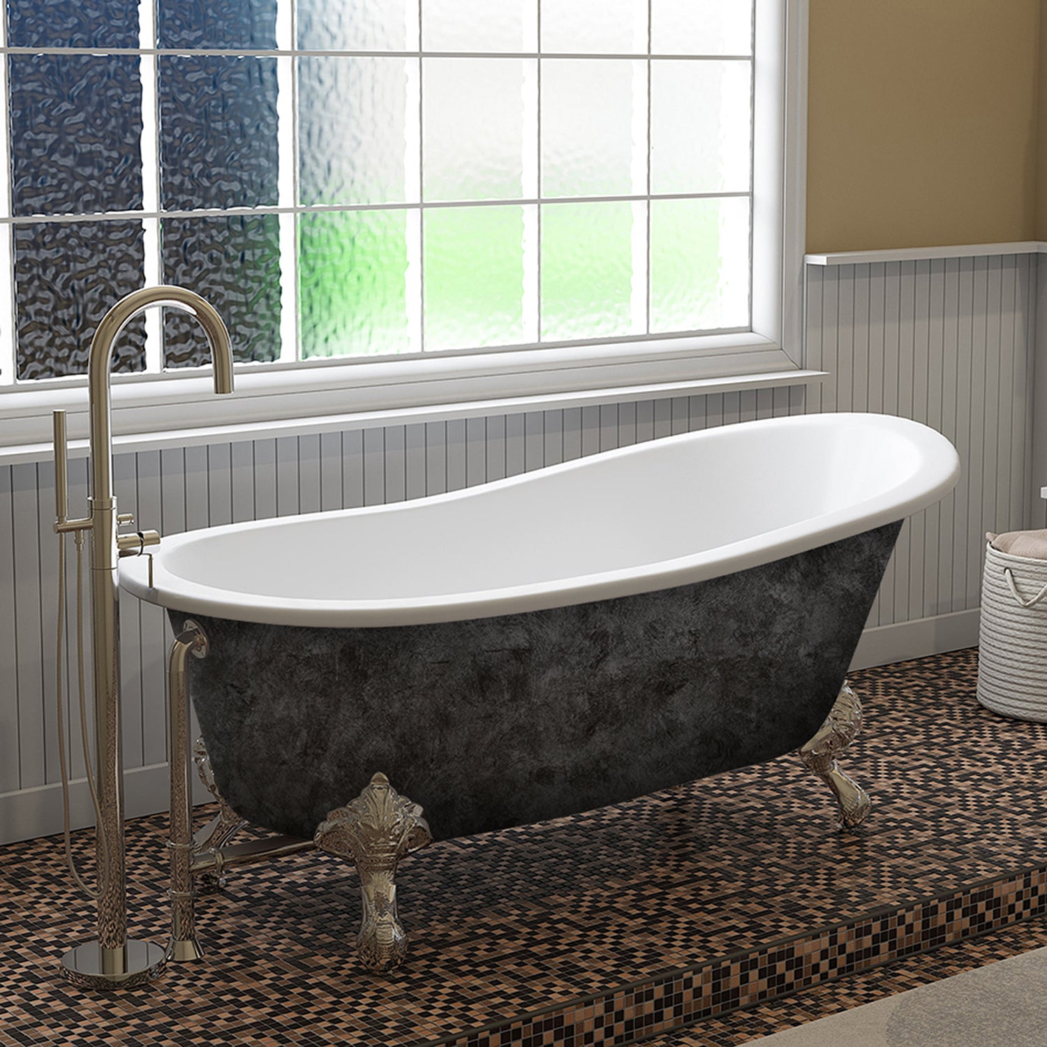 Scorched Platinum 67” x 30” Cast Iron Slipper Bathtub with” No Faucet Holes and Polished Chrome Ball and Claw Feet - ST67-NH-CP-SP