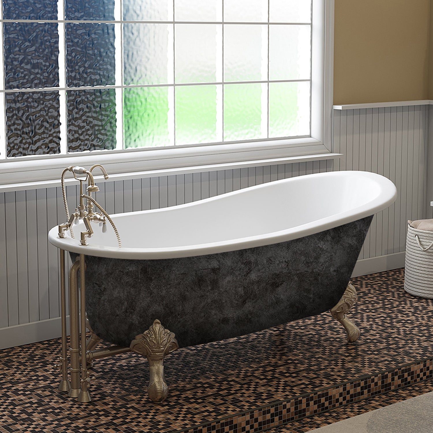 Scorched Platinum 67” x 30” Cast Iron Slipper Bathtub with” 7” Deck Mount Faucet Holes and Brushed Nickel Ball and Claw Feet - ST67-DH-BN-SP