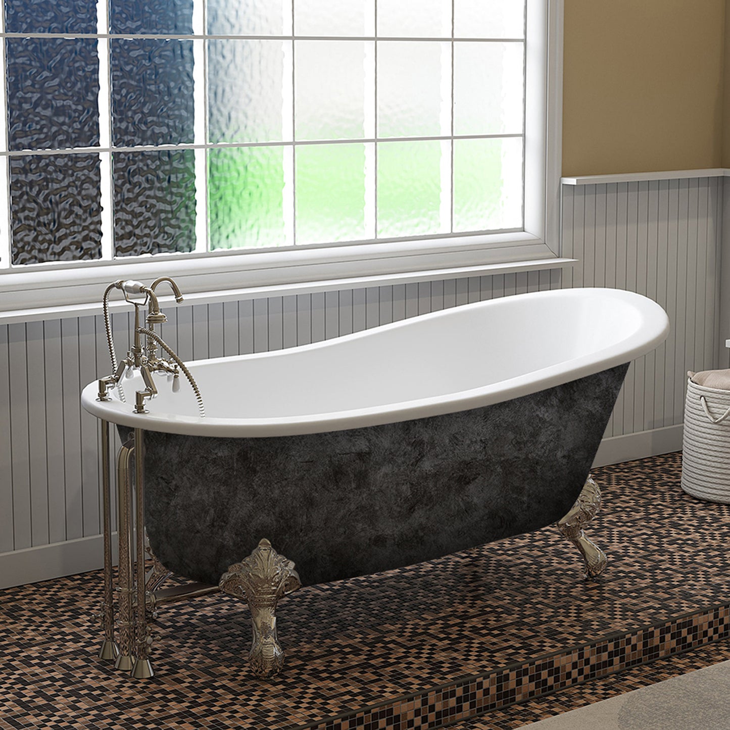 Scorched Platinum 67” x 30” Cast Iron Slipper Bathtub with” 7” Deck Mount Faucet Holes and Polished Chrome Ball and Claw Feet - ST67-DH-CP-SP