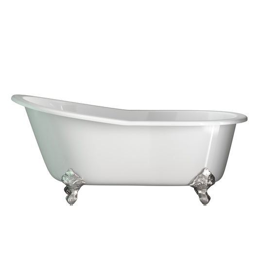 Cast Iron Slipper Clawfoot Tub 67" X 30" with no Faucet Drillings and Complete Brushed Nickel Modern Freestanding Tub Filler with Hand Held Shower Assembly Plumbing Package - ST67-150-PKG-BN-NH