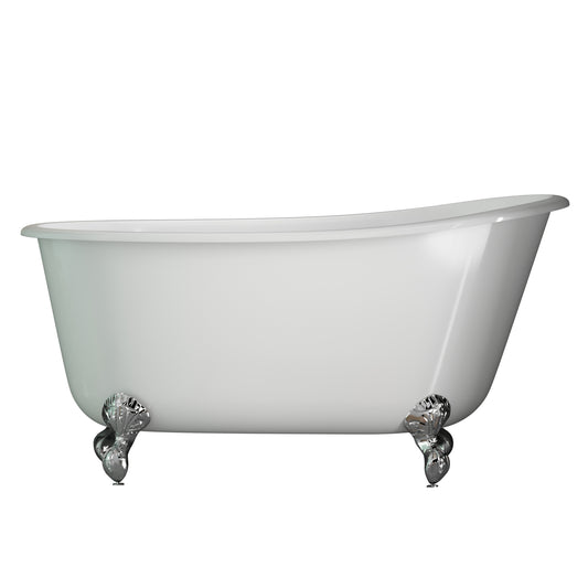 Cast Iron Swedish Slipper Tub 58" X 30" with no Faucet Drillings and Complete Polished Chrome Free Standing English Telephone Style Faucet with Hand Held Shower Assembly Plumbing Package - SWED58-398684-PKG-CP-NH