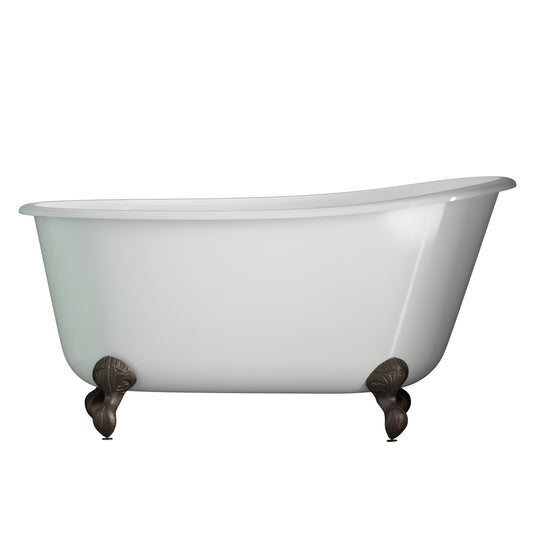 Cast Iron Swedish Slipper Tub 58" X 30" with no Faucet Drillings and Complete Oil Rubbed Bronze Modern Freestanding Tub Filler with Hand Held Shower Assembly Plumbing Package - SWED58-150-PKG-ORB-NH