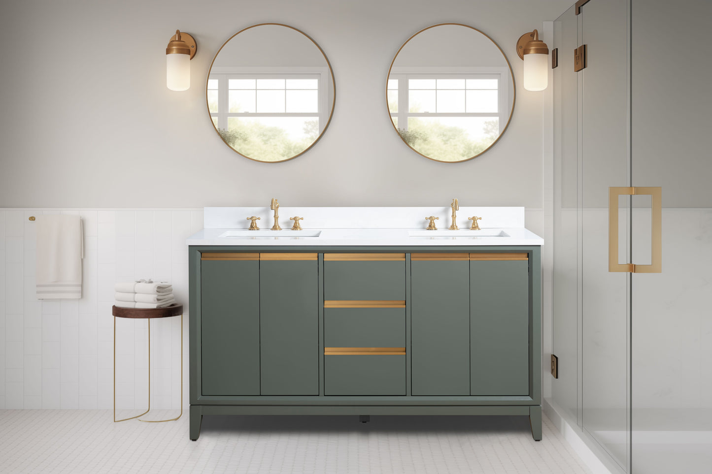 60 Inch Double Sink Bathroom Vanity in Vintage Green with Marble Countertop - Vanity Art VA8060-DVG