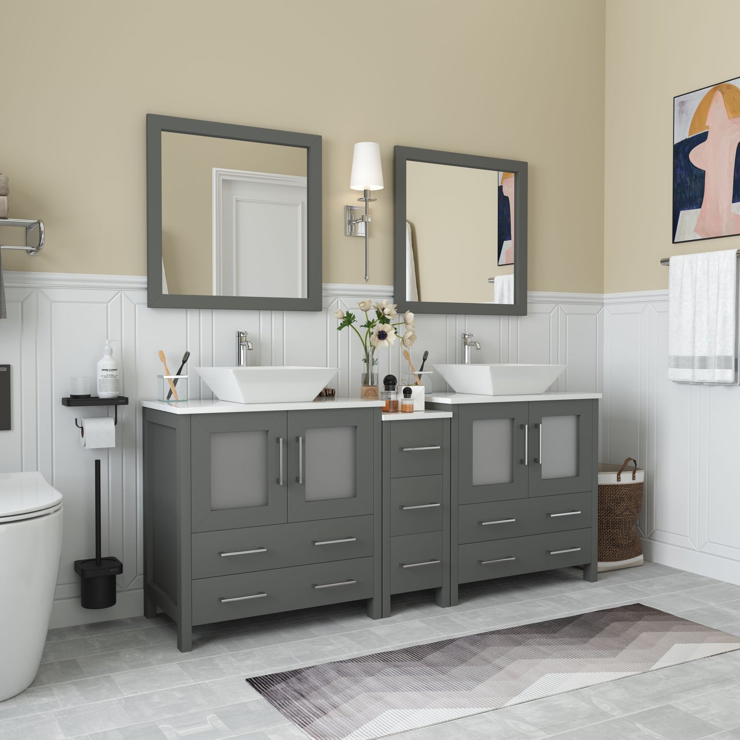 72 Inch Double Sink Bathroom Vanity in Gray with Marble Countertop - Vanity Art VA3130-72G