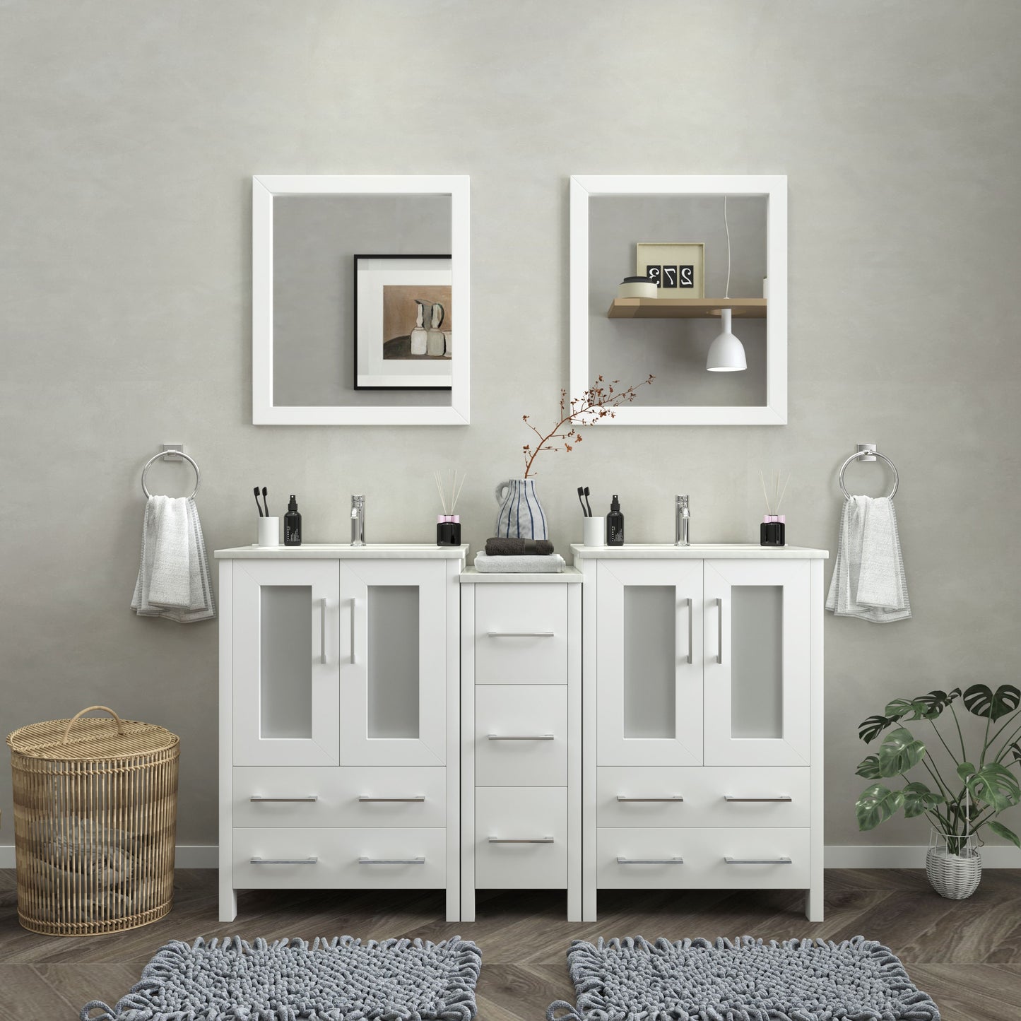 60 Inch Double Sink Bathroom Vanity in White with Ceramic Countertop - Vanity Art VA3024-60W