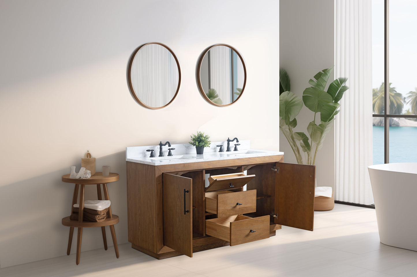 60 Inch Double Sink Bathroom Vanity in Tan with Marble Countertop - Vanity Art VA7060-DT-ET