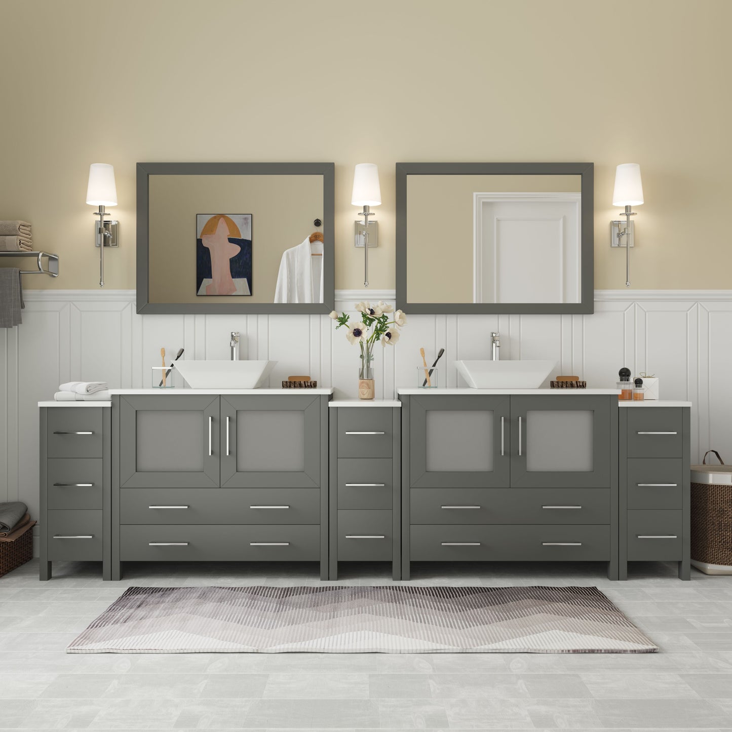 108 Inch Double Sink Bathroom Vanity in Gray with Marble Countertop - Vanity Art VA3136-108G