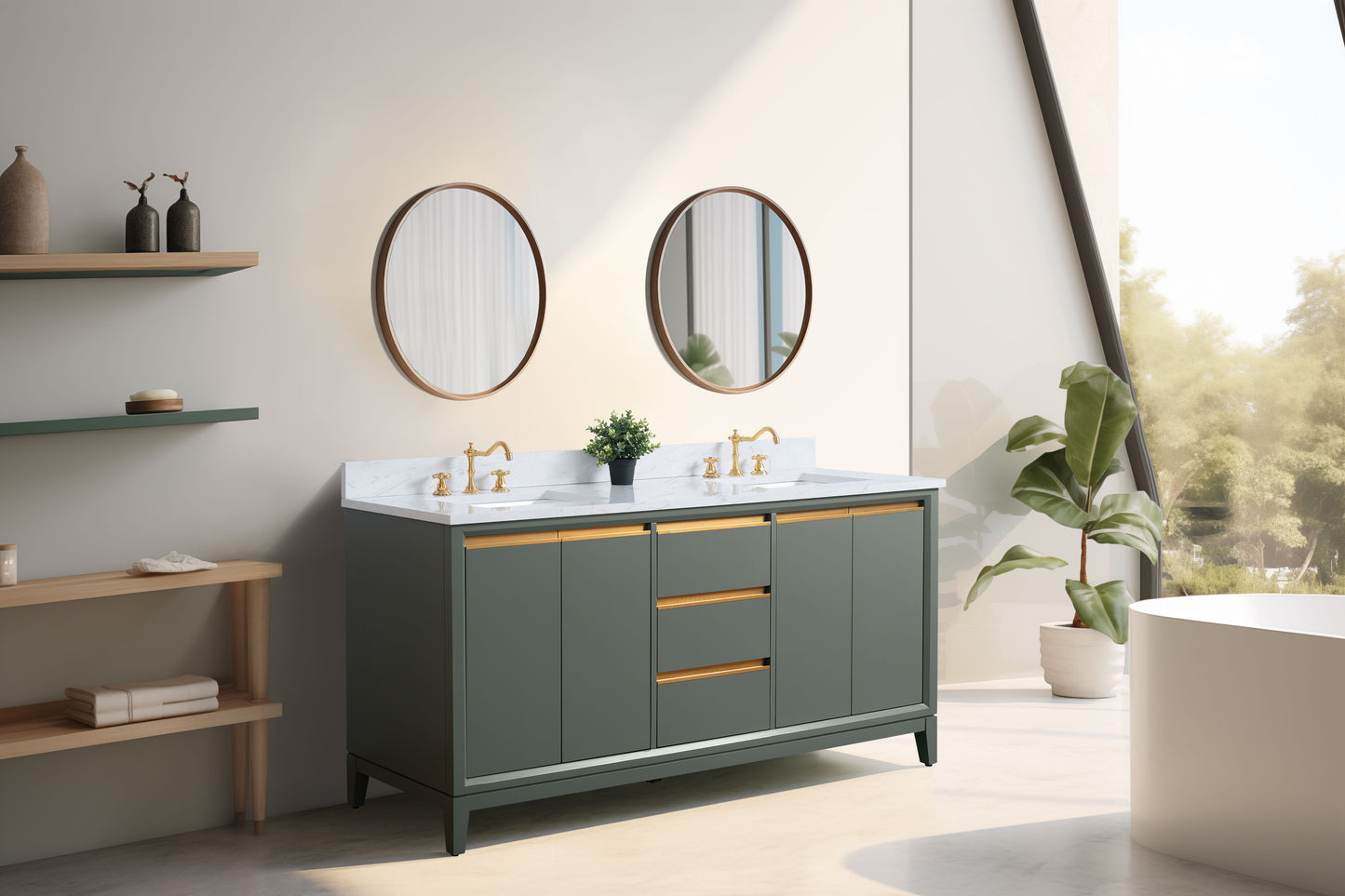 72 Inch Double Sink Bathroom Vanity in Vintage Green with Marble Countertop - Vanity Art VA8072-DVG