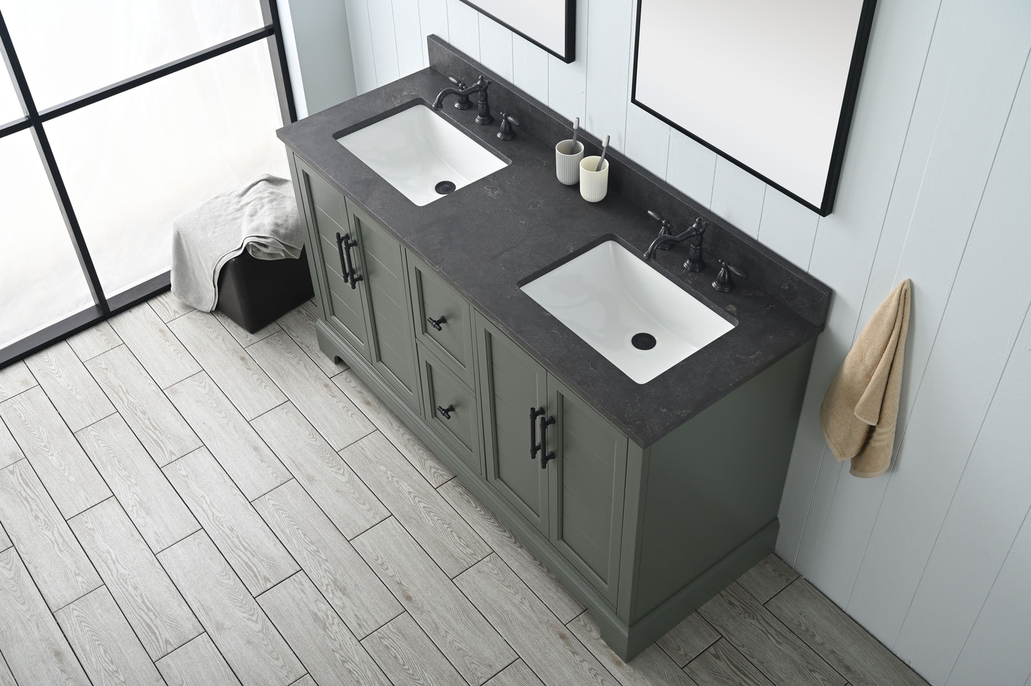 60 Inch Double Sink Bathroom Vanity in Vintage Green with Marble Countertop & Backsplash - Vanity Art VA5060-DVG