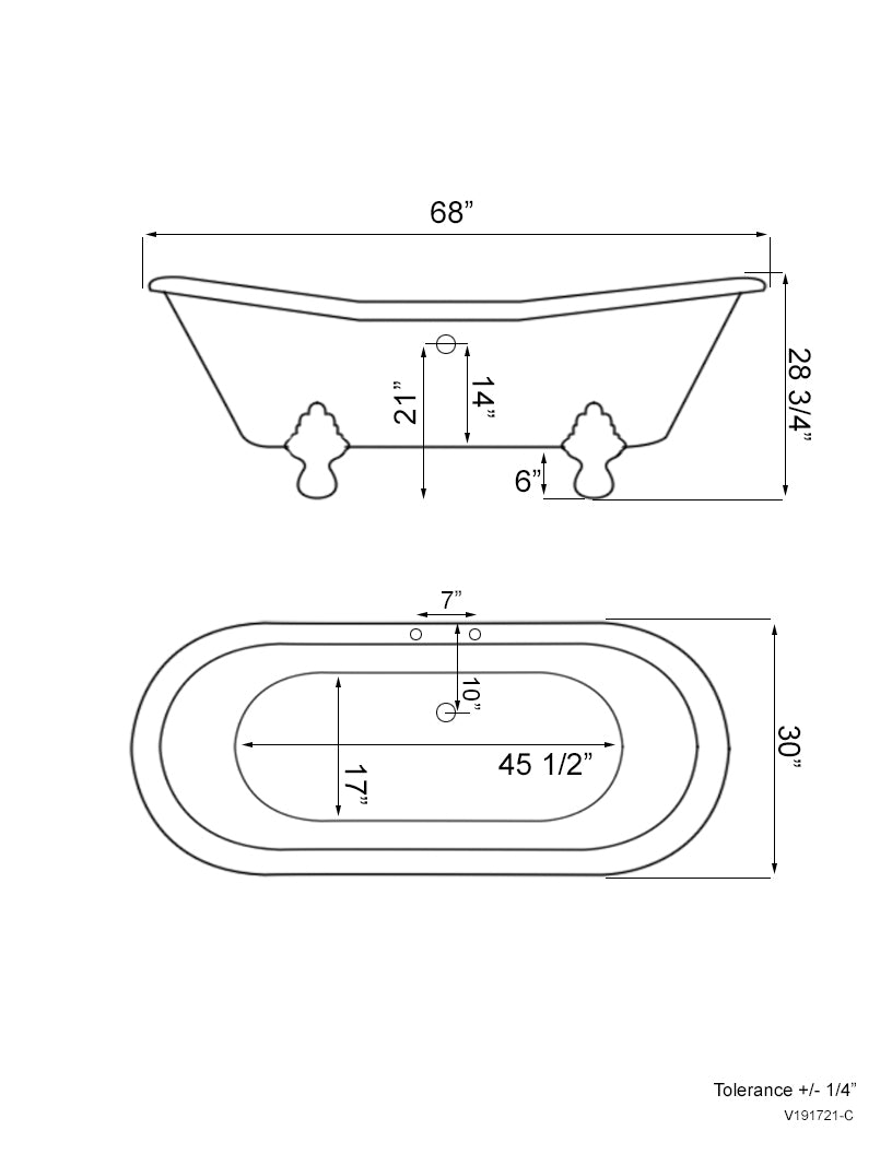 USA Quality 68 Inch Clawfoot Double Slipper Tub with Deck Mount Faucet Holes and Brushed Nickel Feet - USA-ADES-DH-BN