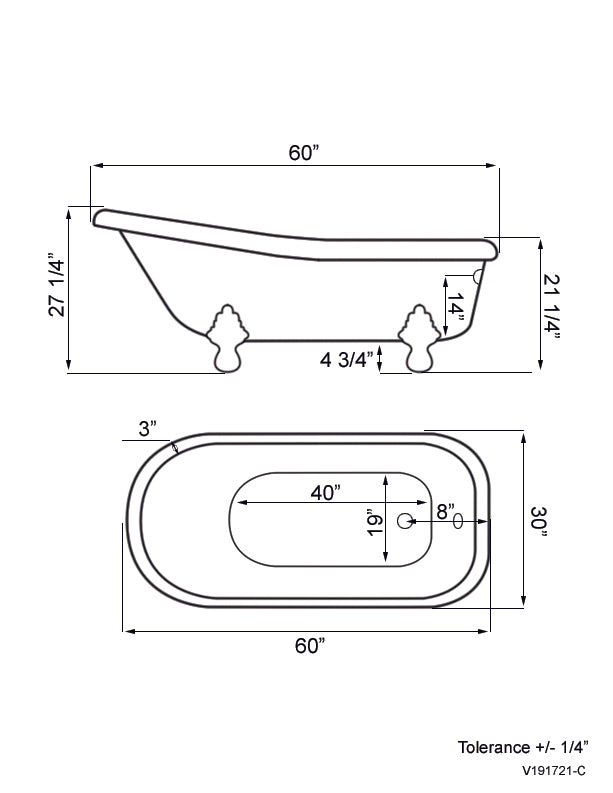 USA Quality 60 Inch Clawfoot Slipper Tub with Contiuous Rim and Brushed Nickel Feet - USA-AST60-NH-BN