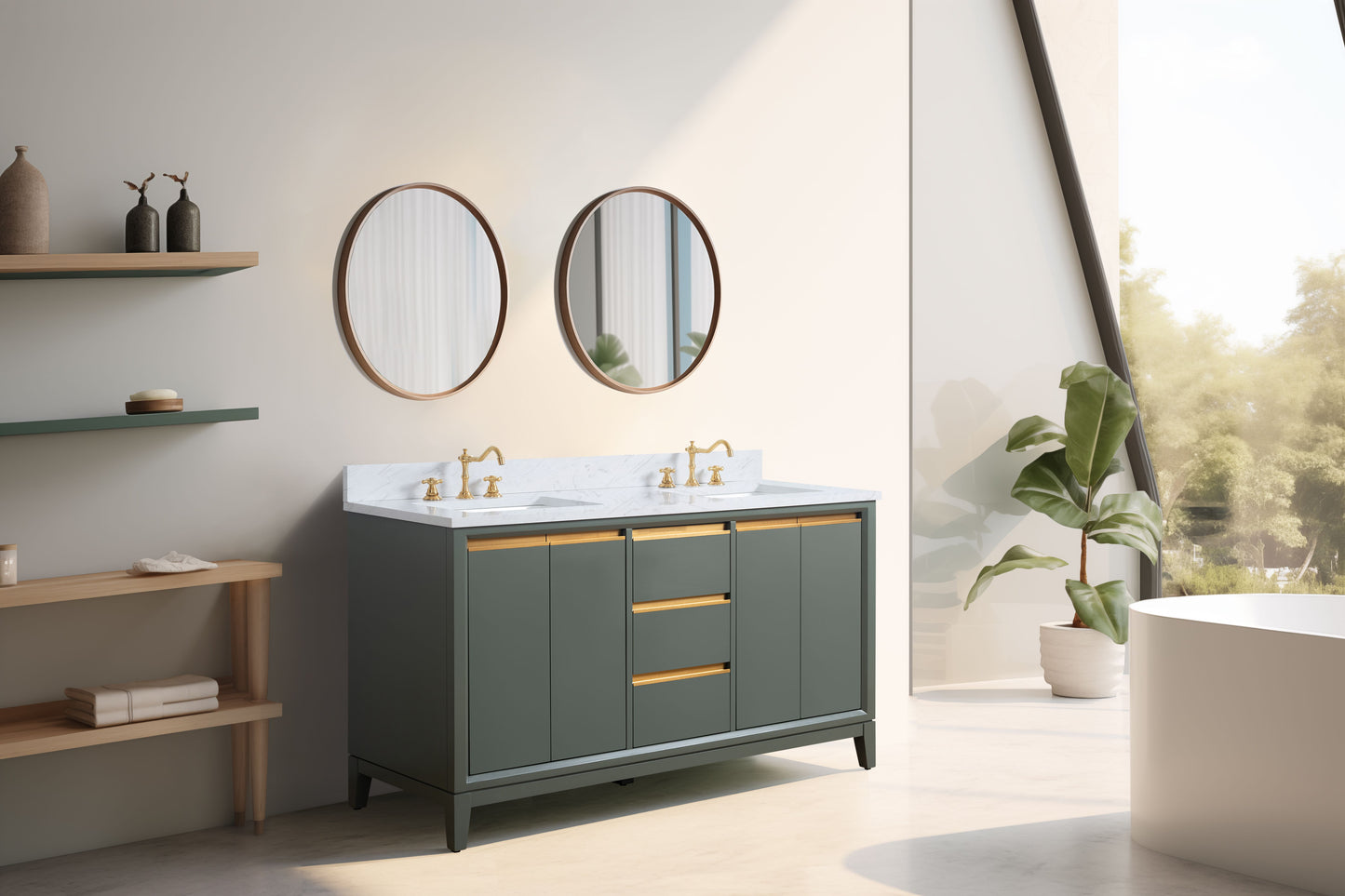 60 Inch Double Sink Bathroom Vanity in Vintage Green with Marble Countertop - Vanity Art VA8060-DVG