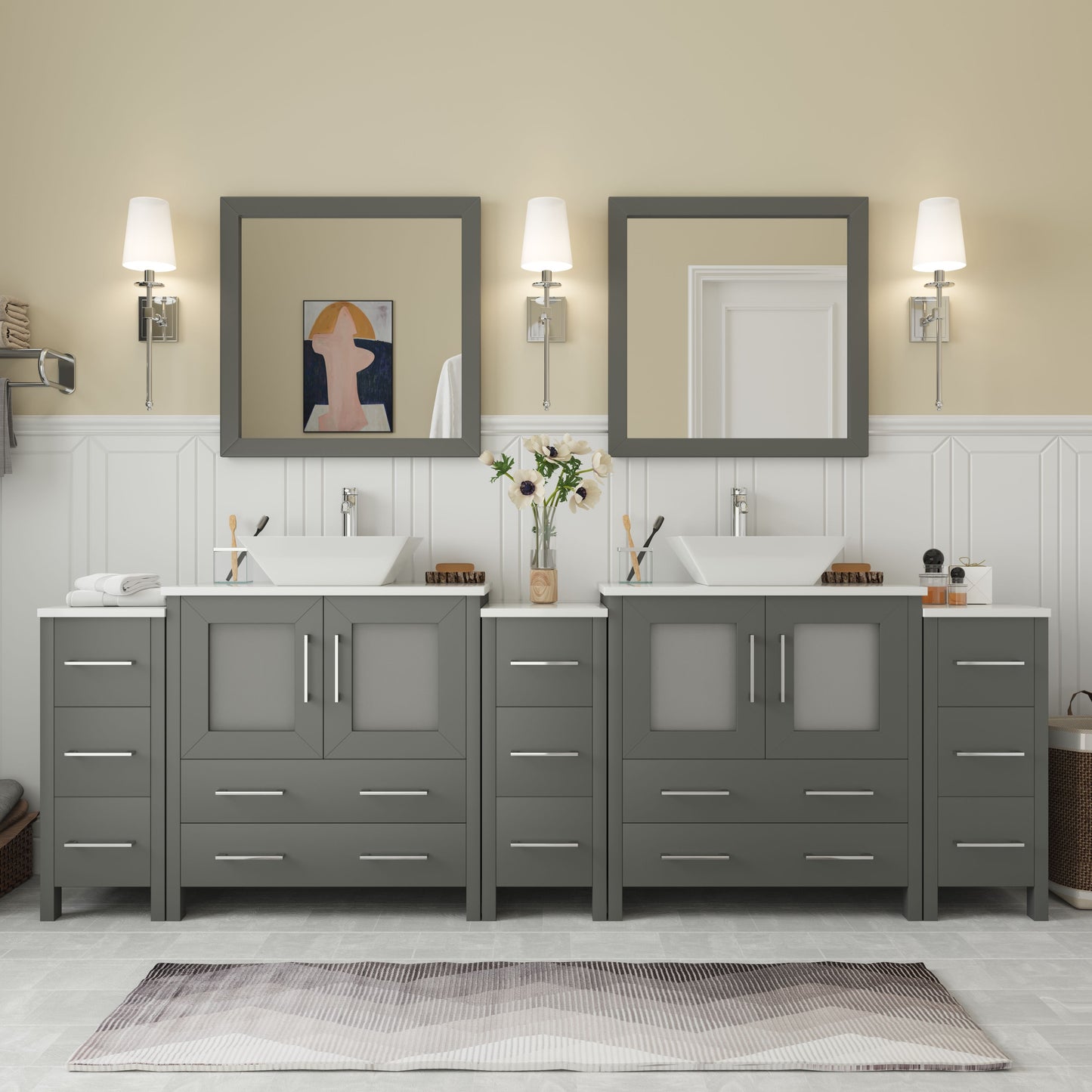 96 Inch Double Sink Bathroom Vanity in Gray with Marble Countertop - Vanity Art VA3130-96G