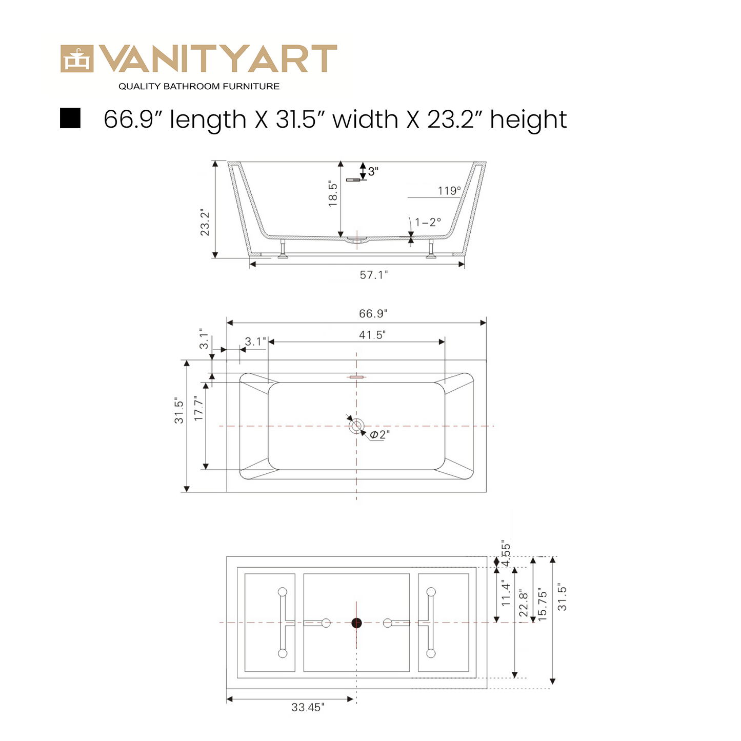 67 Inch Freestanding White Acrylic Bathtub with Overflow And Pop-Up Drain - Vanity Art VA6814-L-BN