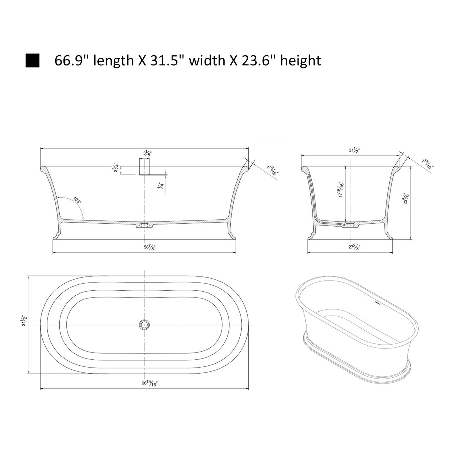 Freestanding Solid Surface Resin Glossy Bathtub 67 Inch x 31.5 Inch - Vanity Art VA6916-GL