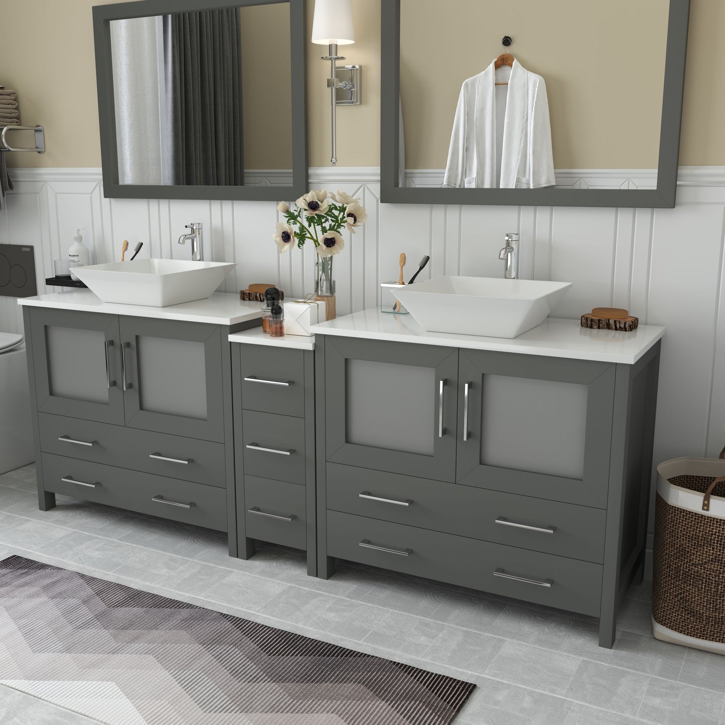 84 Inch Double Sink Bathroom Vanity in Gray with Marble Countertop - Vanity Art VA3136-84G