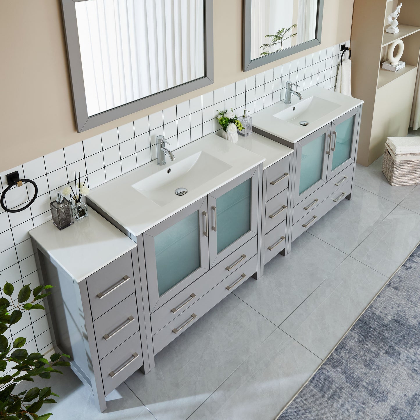 96 Inch Double Sink Bathroom Vanity in Gray with Ceramic Countertop - Vanity Art VA3036-96G