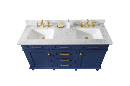 Legion Furniture WLF2260D-B 60" Blue Finish Double-Sink Vanity Cabinet with Carrara White Top