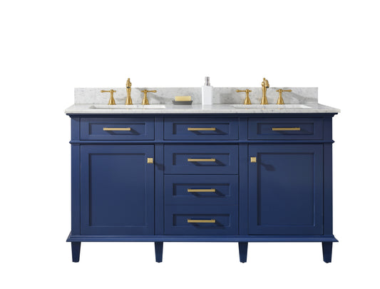 Legion Furniture WLF2260D-B 60" Blue Finish Double-Sink Vanity Cabinet with Carrara White Top