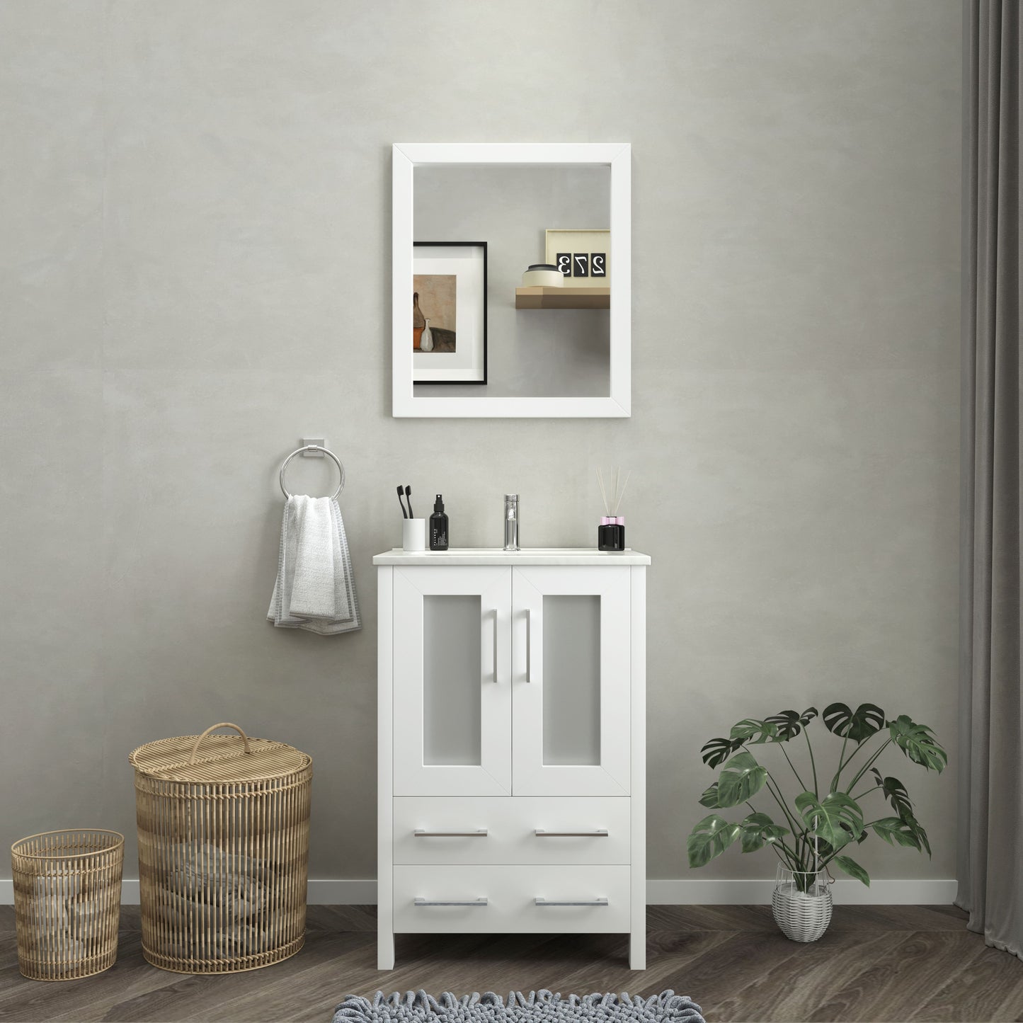 24 Inch Single Sink Bathroom Vanity in White with Ceramic Countertop - Vanity Art VA3024W