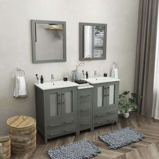 60 Inch Double Sink Bathroom Vanity in Gray with Ceramic Countertop - Vanity Art VA3024-60G