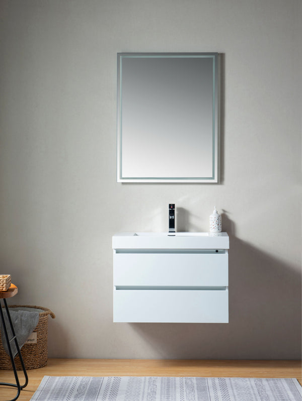 30 Inch LED Lighted Wall Hung Single Sink Bathroom Vanity in White with Resin Top - Vanity Art VA6030WL