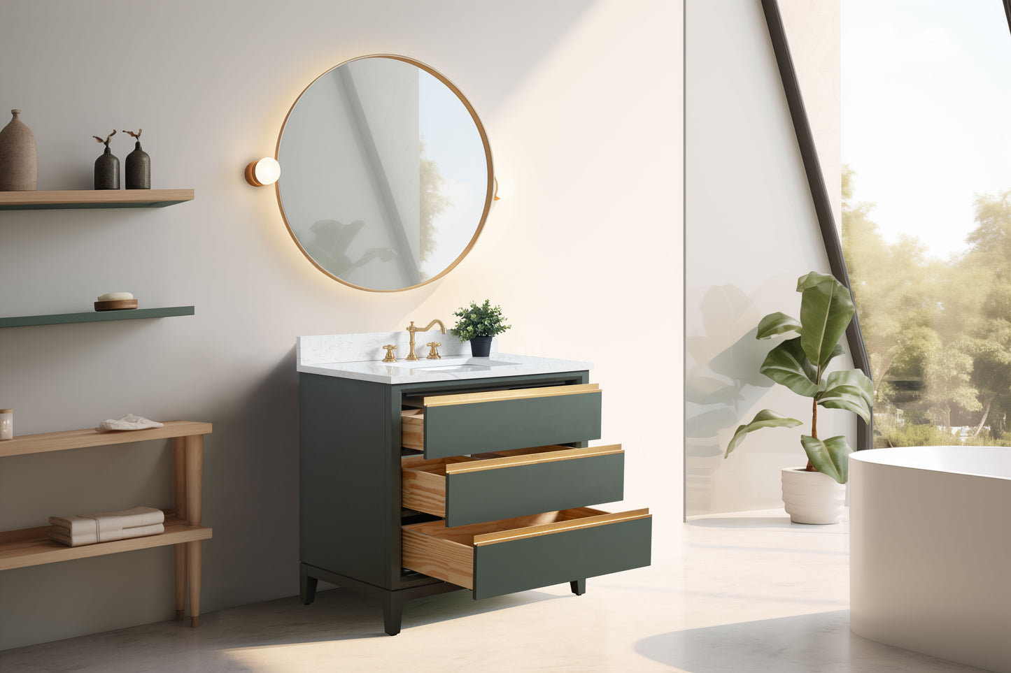 36 Inch Single Sink Bathroom Vanity in Vintage Green with Marble Countertop - Vanity Art VA8036-VG