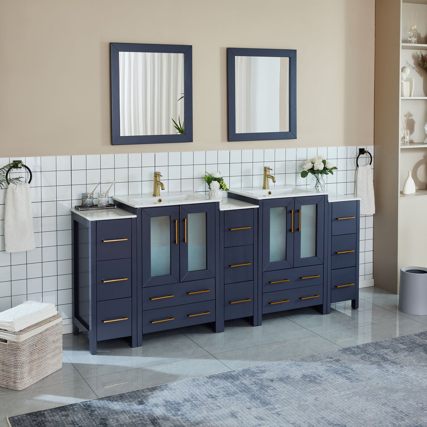 84 Inch Double Sink Bathroom Vanity in Blue with Ceramic Countertop - Vanity Art VA3024-84B