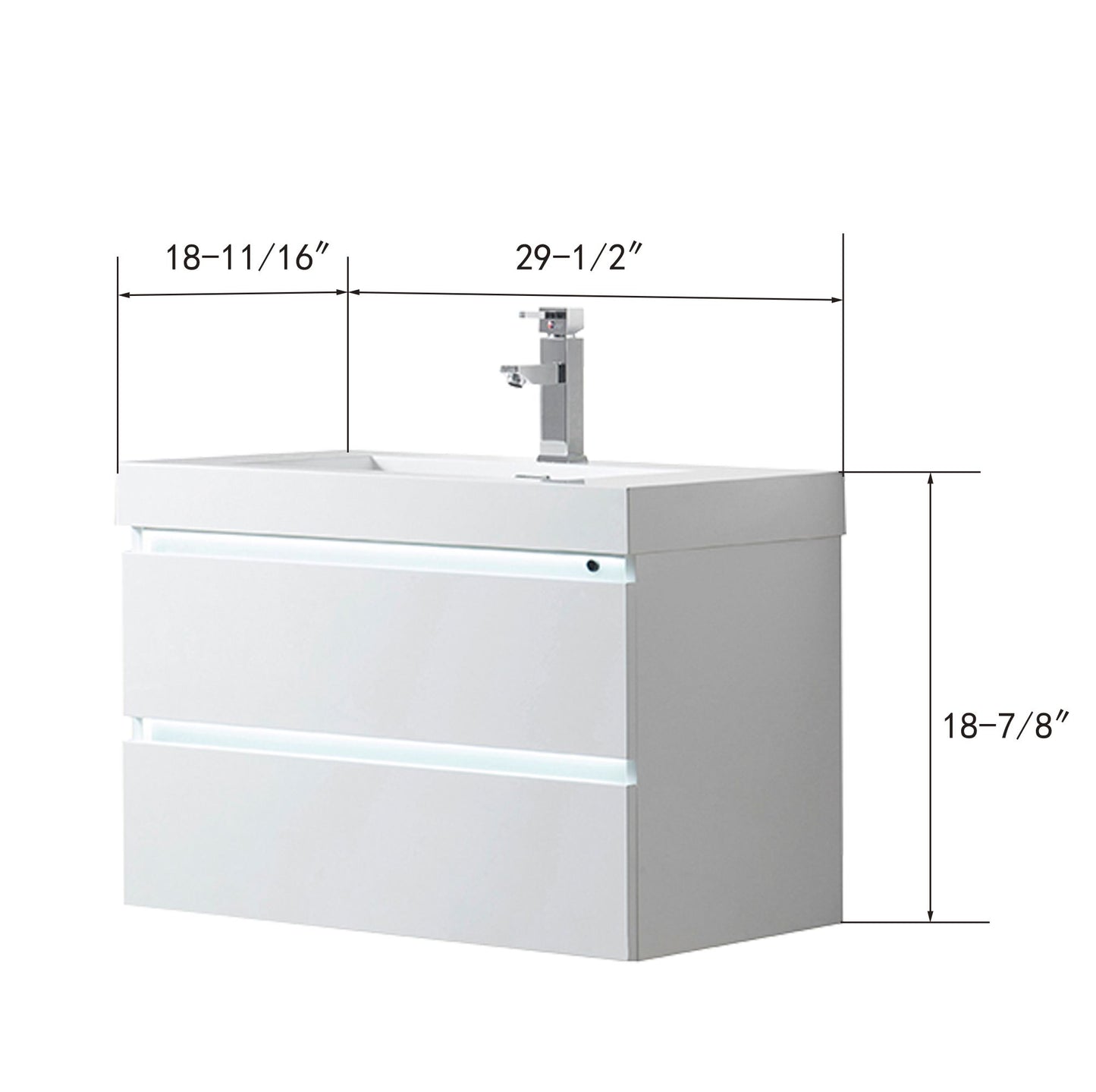 30 Inch LED Lighted Wall Hung Single Sink Bathroom Vanity in White with Resin Top - Vanity Art VA6030WL