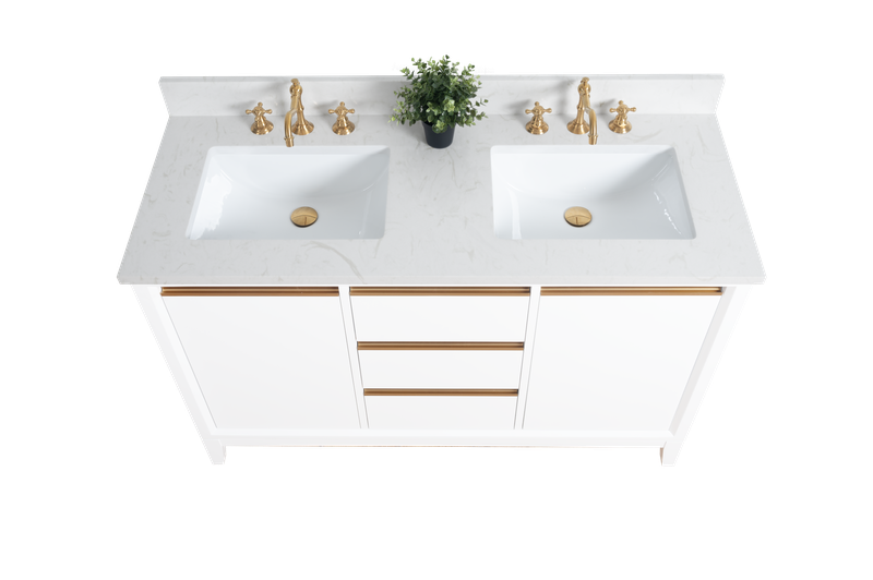 54 Inch Double Sink Bathroom Vanity in White with Marble Countertop - Vanity Art VA8054-DW