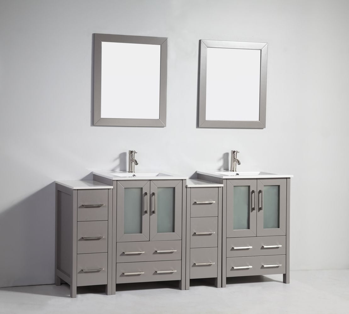 72 Inch Double Sink Bathroom Vanity in Gray with Ceramic Countertop - Vanity Art VA3024-72G